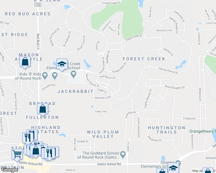 map of restaurants, bars, coffee shops, grocery stores, and more near 3993 Lord Byron Circle in Round Rock