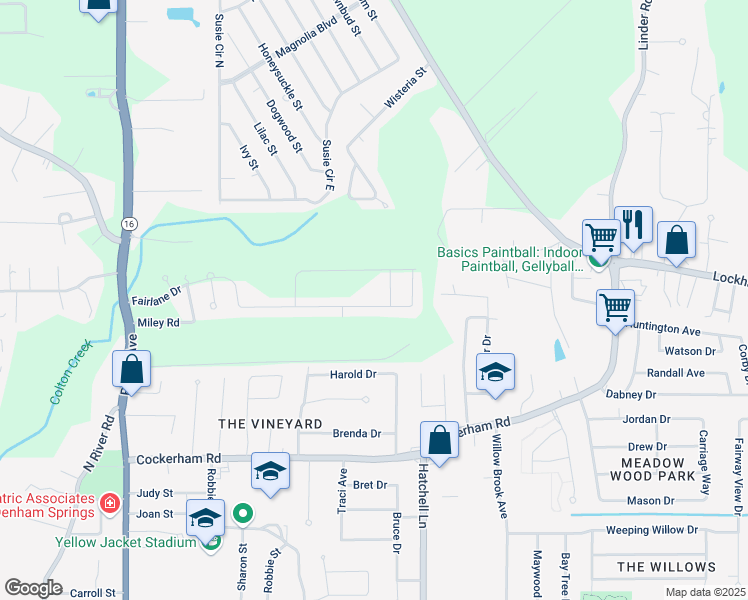 map of restaurants, bars, coffee shops, grocery stores, and more near 8405 Fairlane Drive in Dennis Mills