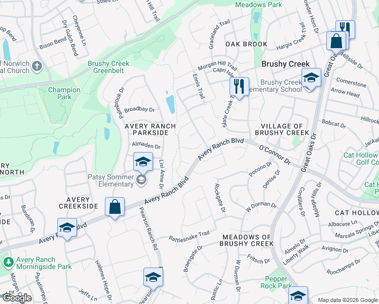 map of restaurants, bars, coffee shops, grocery stores, and more near 9404 Muskberry Cove in Austin