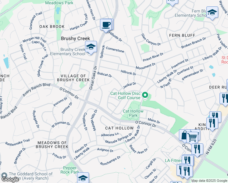 map of restaurants, bars, coffee shops, grocery stores, and more near 16821 Tomcat Drive in Round Rock