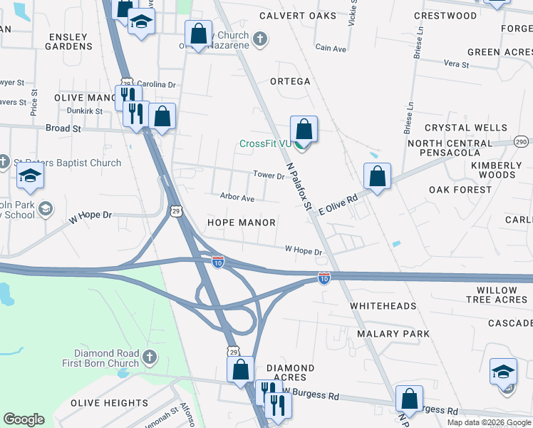 map of restaurants, bars, coffee shops, grocery stores, and more near 7629 Faith Drive in Pensacola