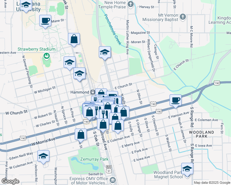 map of restaurants, bars, coffee shops, grocery stores, and more near 306 North Cherry Street in Hammond