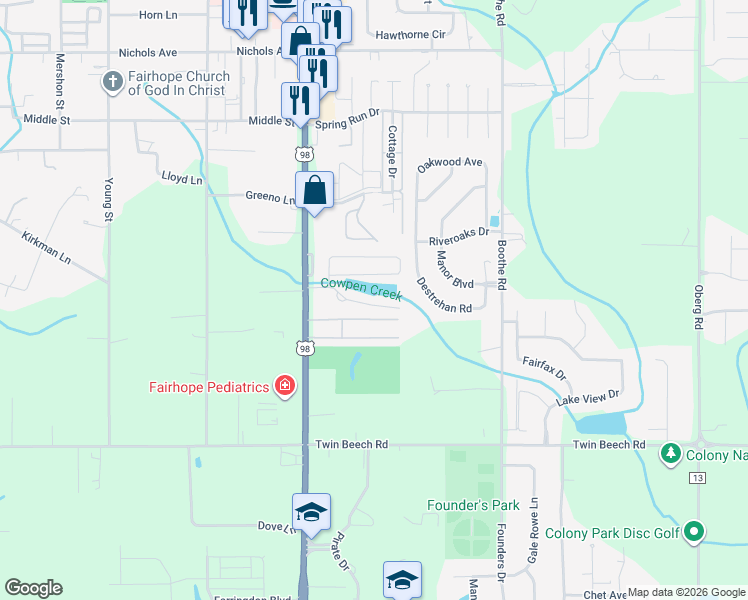 map of restaurants, bars, coffee shops, grocery stores, and more near 220 Spring Lake Drive in Fairhope