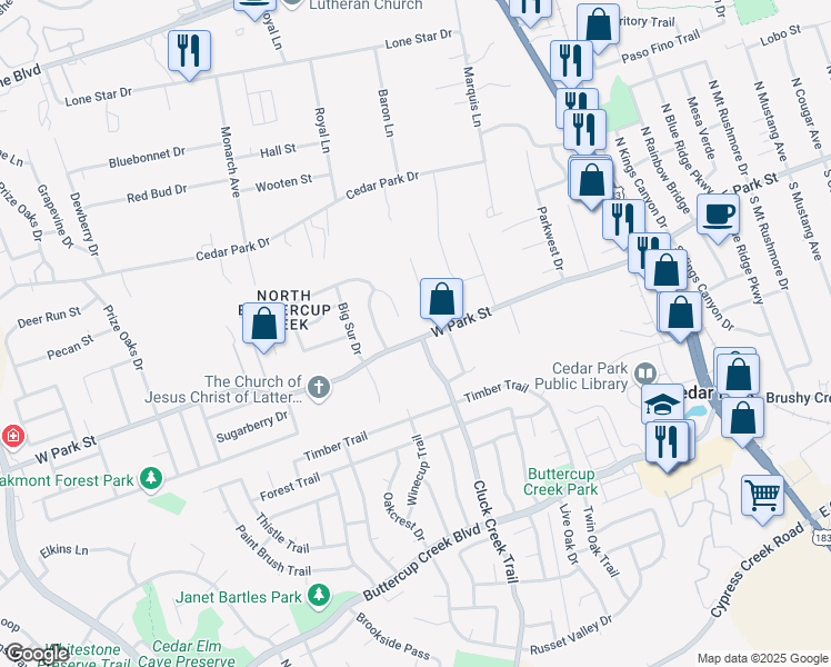 map of restaurants, bars, coffee shops, grocery stores, and more near 707 West Park Street in Cedar Park