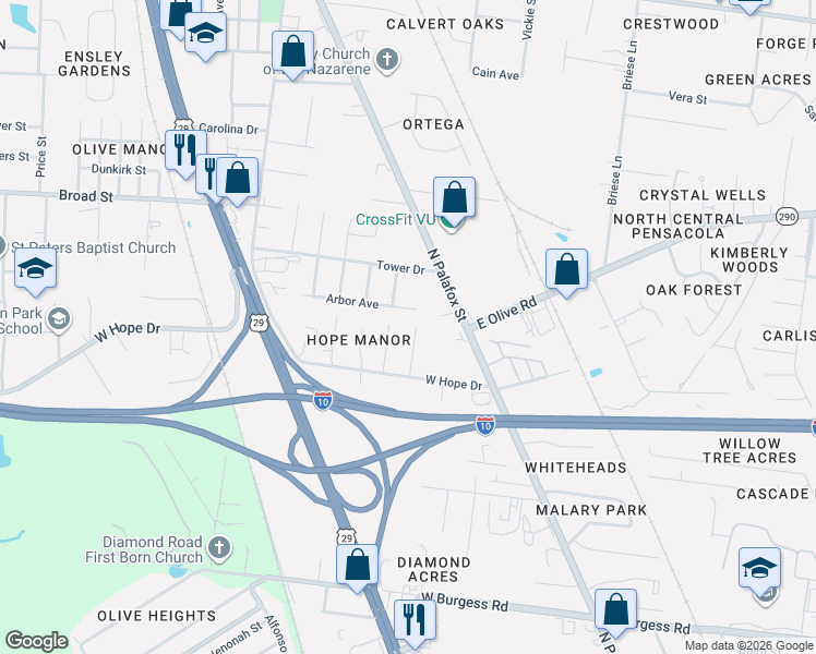 map of restaurants, bars, coffee shops, grocery stores, and more near 7629 Faith Drive in Pensacola