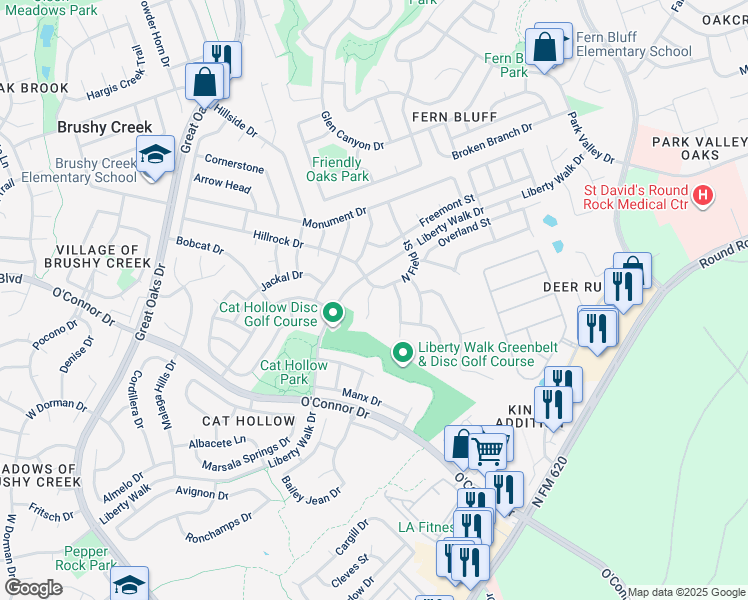 map of restaurants, bars, coffee shops, grocery stores, and more near 3103 Karstview Cove in Round Rock
