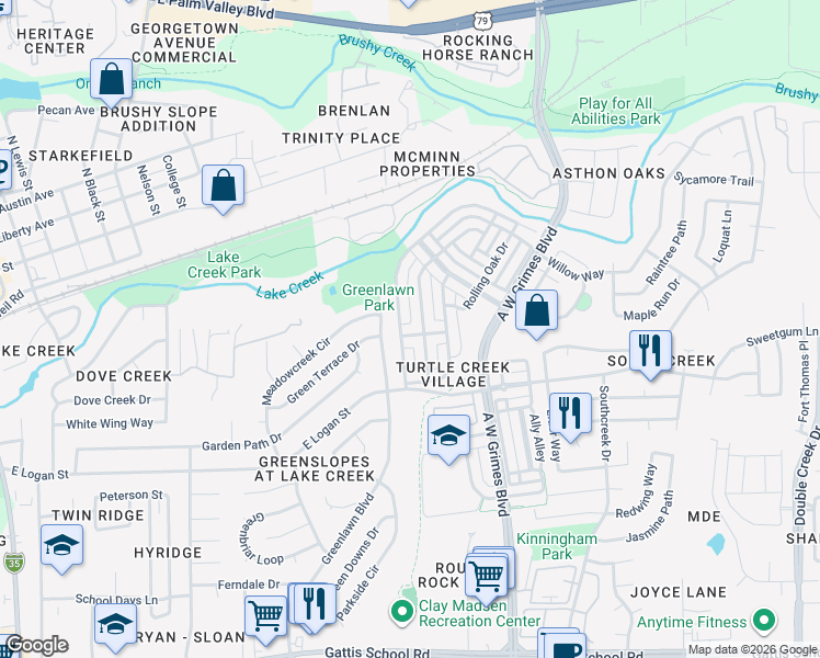 map of restaurants, bars, coffee shops, grocery stores, and more near 1404 Rices Crossing Lane in Round Rock