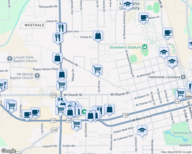 map of restaurants, bars, coffee shops, grocery stores, and more near 109 Sherwood Drive in Hammond
