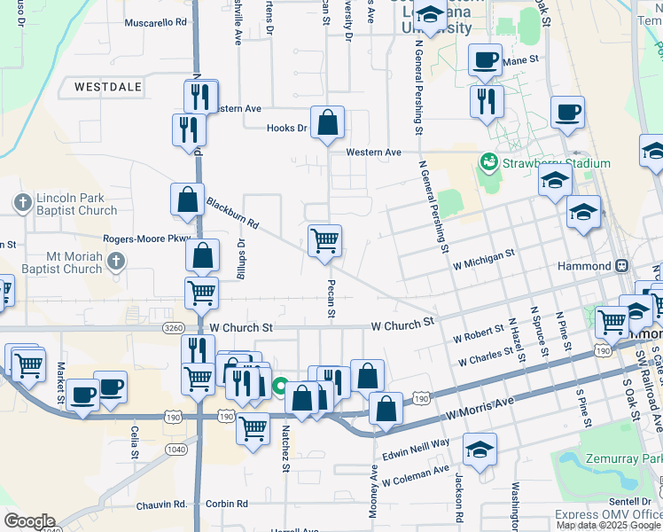 map of restaurants, bars, coffee shops, grocery stores, and more near 701 Pecan Street in Hammond