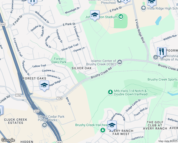 map of restaurants, bars, coffee shops, grocery stores, and more near 700 Mandarin Flyway in Cedar Park