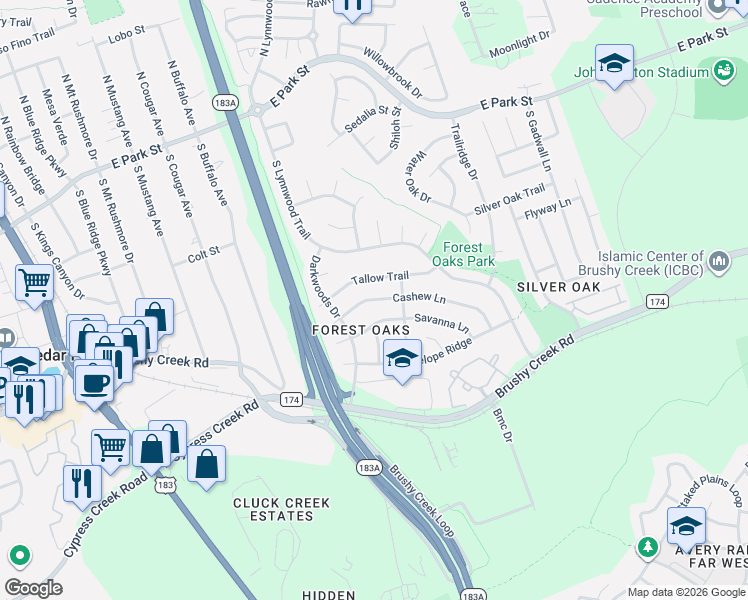 map of restaurants, bars, coffee shops, grocery stores, and more near 908 Cashew Lane in Cedar Park