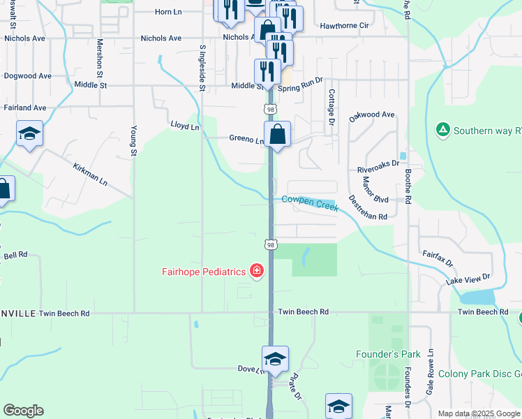 map of restaurants, bars, coffee shops, grocery stores, and more near 7980 Carter Lane in Fairhope