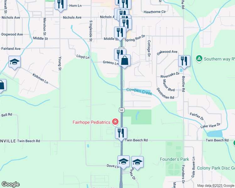 map of restaurants, bars, coffee shops, grocery stores, and more near 7980 Carter Lane in Fairhope