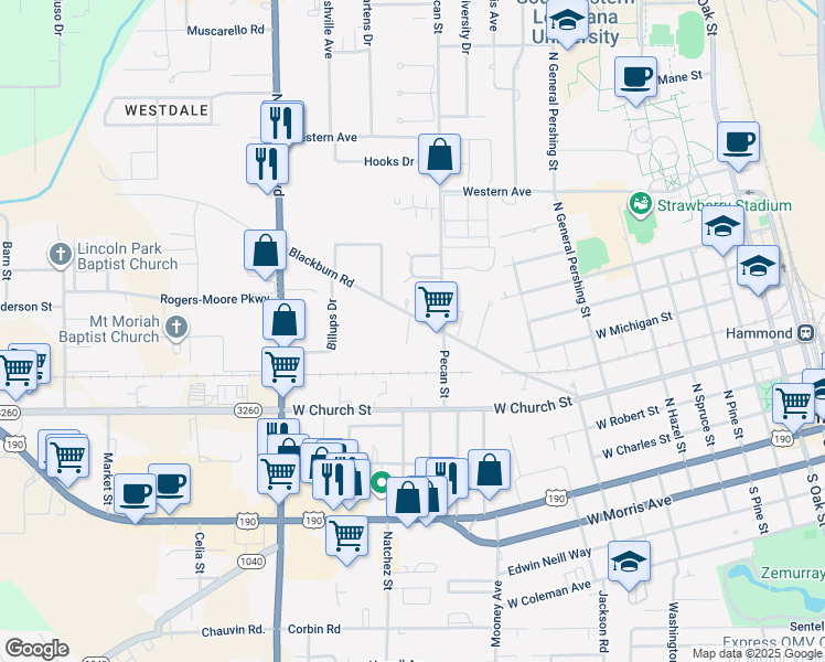 map of restaurants, bars, coffee shops, grocery stores, and more near 109 Sherwood Drive in Hammond