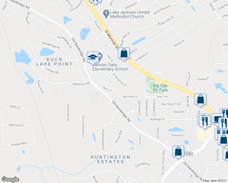 map of restaurants, bars, coffee shops, grocery stores, and more near 3725 Maria Circle in Tallahassee