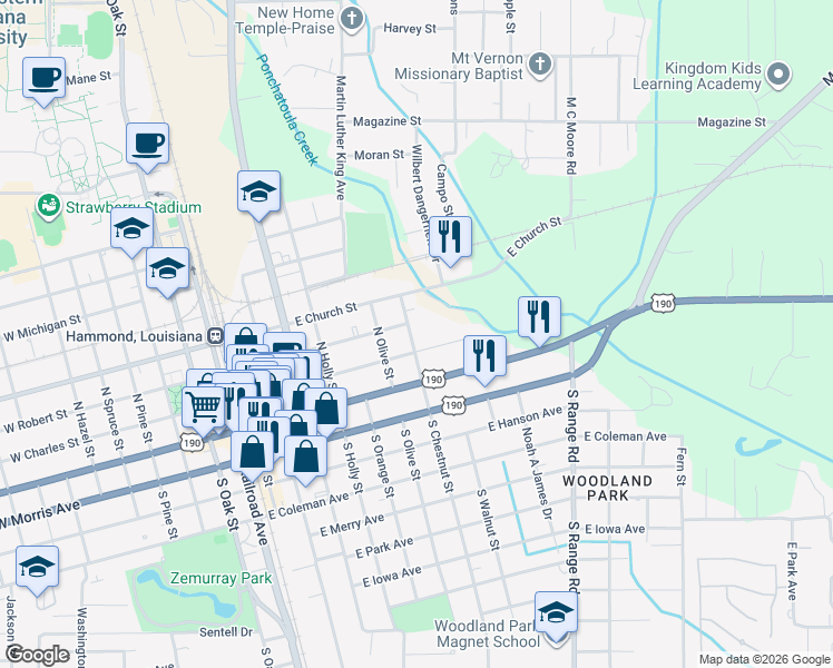 map of restaurants, bars, coffee shops, grocery stores, and more near 208 North Chestnut Street in Hammond