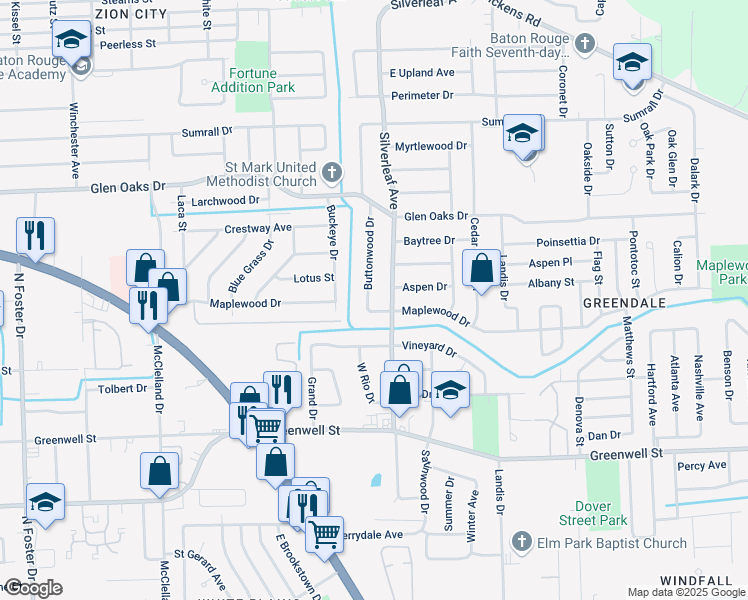 map of restaurants, bars, coffee shops, grocery stores, and more near 6127 Buttonwood Drive in Baton Rouge