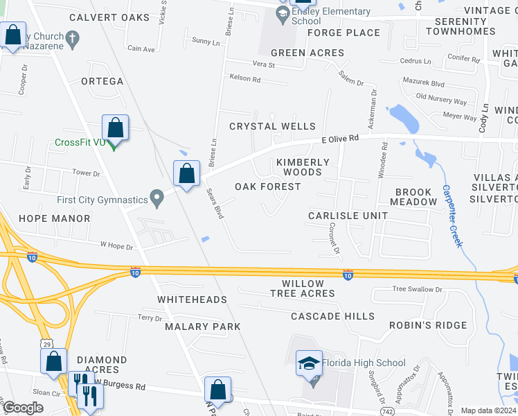 map of restaurants, bars, coffee shops, grocery stores, and more near 7706 Deborah Drive in Pensacola