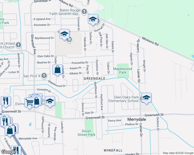 map of restaurants, bars, coffee shops, grocery stores, and more near 7624 Maplewood Drive in Baton Rouge