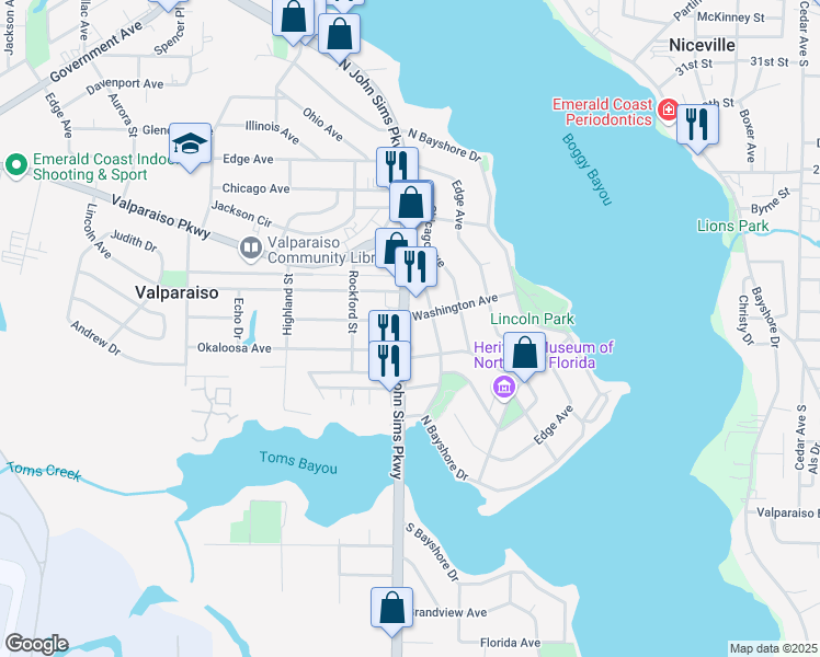map of restaurants, bars, coffee shops, grocery stores, and more near 152 South John Sims Parkway in Valparaiso