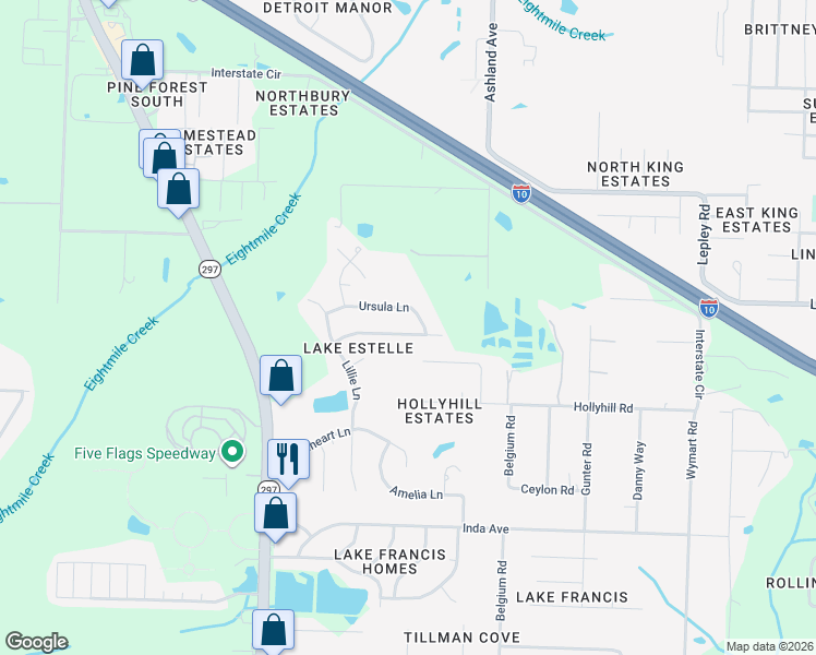 map of restaurants, bars, coffee shops, grocery stores, and more near 2389 Jewell Lee Lane in Pensacola
