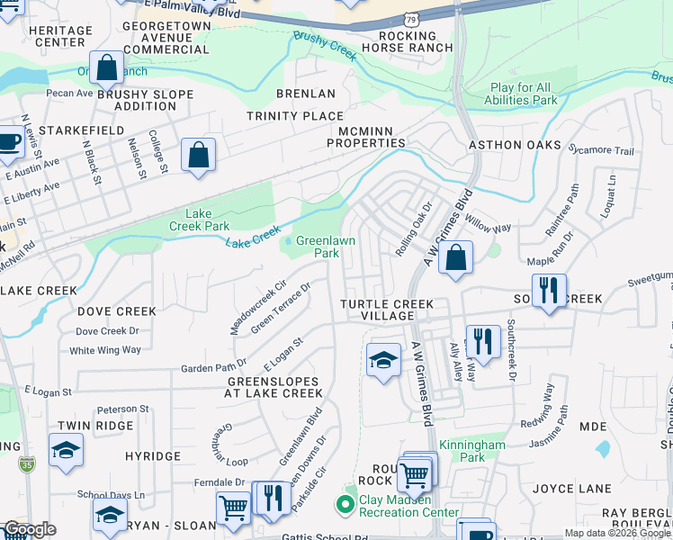 map of restaurants, bars, coffee shops, grocery stores, and more near 1420 Green Terrace Drive in Round Rock