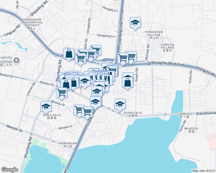 map of restaurants, bars, coffee shops, grocery stores, and more near Luo Shi Lu in Wu Han Shi