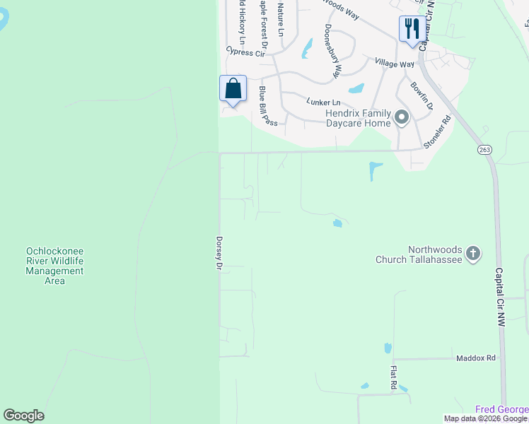 map of restaurants, bars, coffee shops, grocery stores, and more near 3362 Pops Pride Way in Tallahassee