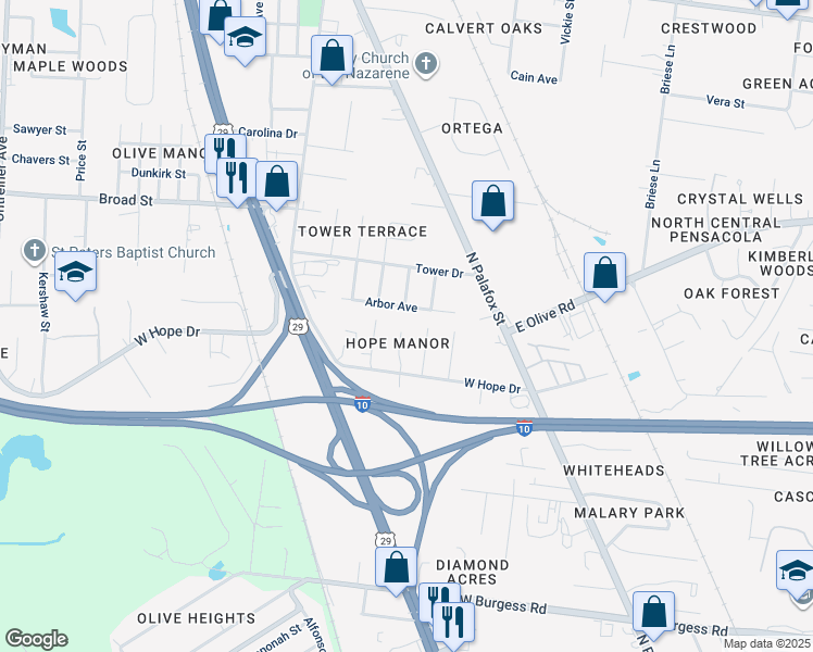 map of restaurants, bars, coffee shops, grocery stores, and more near 7628 Las Vegas Lane in Pensacola