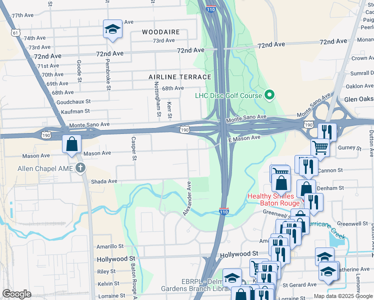 map of restaurants, bars, coffee shops, grocery stores, and more near 6399 Alexander Avenue in Baton Rouge