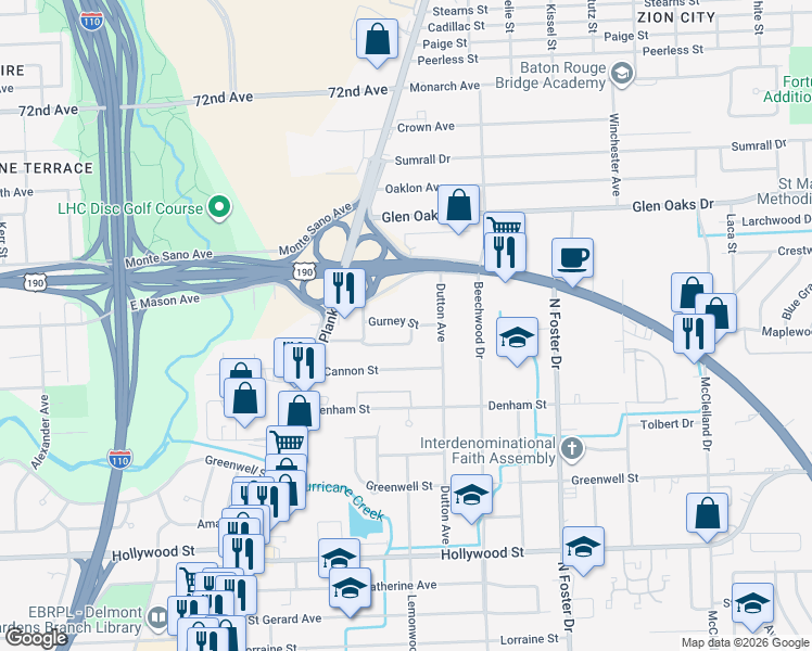 map of restaurants, bars, coffee shops, grocery stores, and more near 4349 Dawson Drive in Baton Rouge