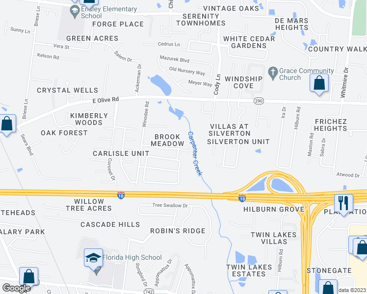 map of restaurants, bars, coffee shops, grocery stores, and more near 804 Brook Meadow Lane in Pensacola