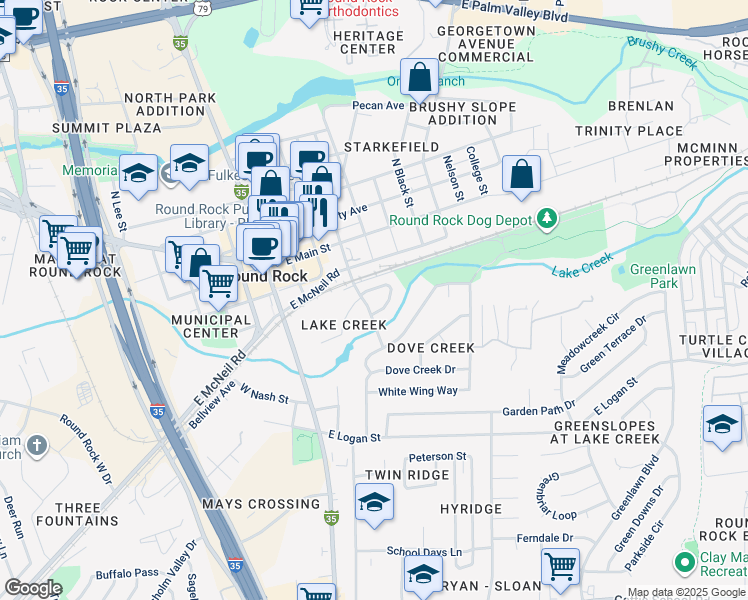 map of restaurants, bars, coffee shops, grocery stores, and more near 401 Lake Creek Circle in Round Rock