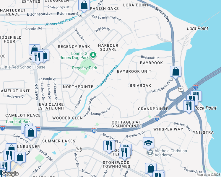 map of restaurants, bars, coffee shops, grocery stores, and more near 4627 Northpointe Circle in Pensacola