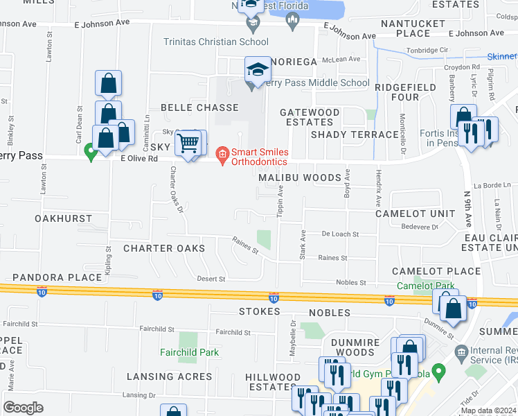 map of restaurants, bars, coffee shops, grocery stores, and more near 3149 Cedarwood Village Lane in Pensacola