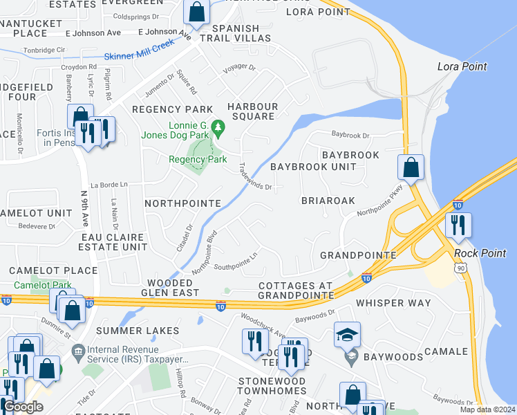 map of restaurants, bars, coffee shops, grocery stores, and more near 4627 Northpointe Circle in Pensacola