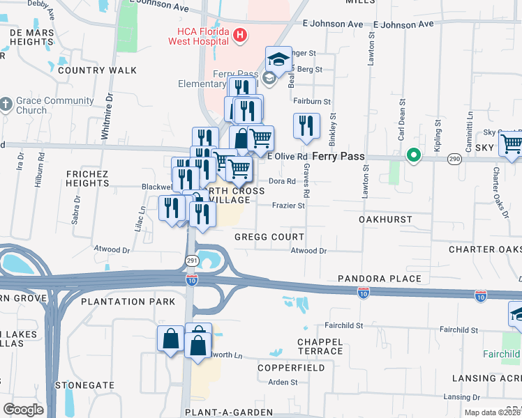 map of restaurants, bars, coffee shops, grocery stores, and more near 7840 Gregg Road in Pensacola
