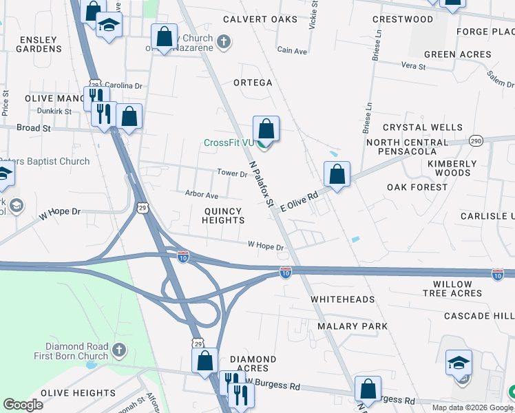 map of restaurants, bars, coffee shops, grocery stores, and more near 7855 North Palafox Street in Pensacola