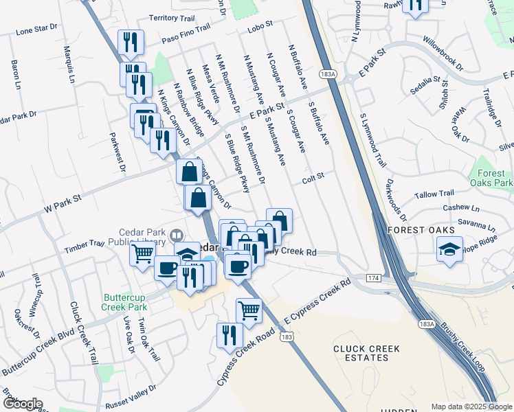 map of restaurants, bars, coffee shops, grocery stores, and more near 308 South Blue Ridge Parkway in Cedar Park