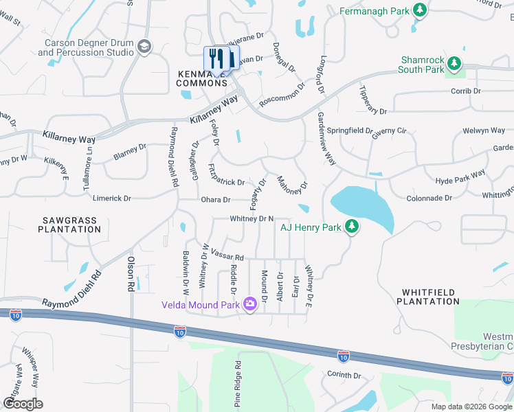 map of restaurants, bars, coffee shops, grocery stores, and more near 2744 Whitney Drive North in Tallahassee