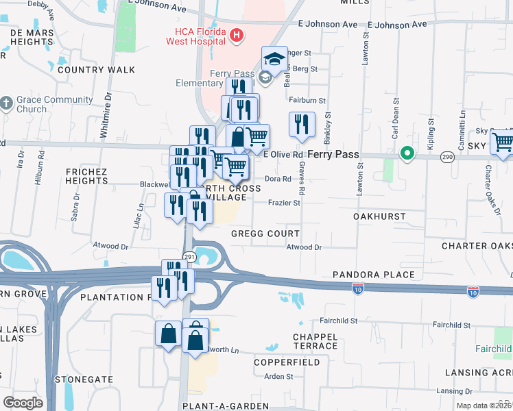map of restaurants, bars, coffee shops, grocery stores, and more near 7840 Gregg Road in Pensacola