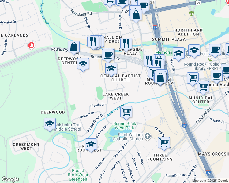 map of restaurants, bars, coffee shops, grocery stores, and more near 1100 Lakewood Lane in Round Rock