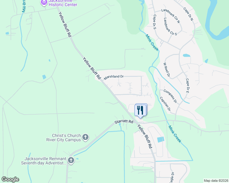 map of restaurants, bars, coffee shops, grocery stores, and more near 2708 Hidden Creek Drive in Jacksonville