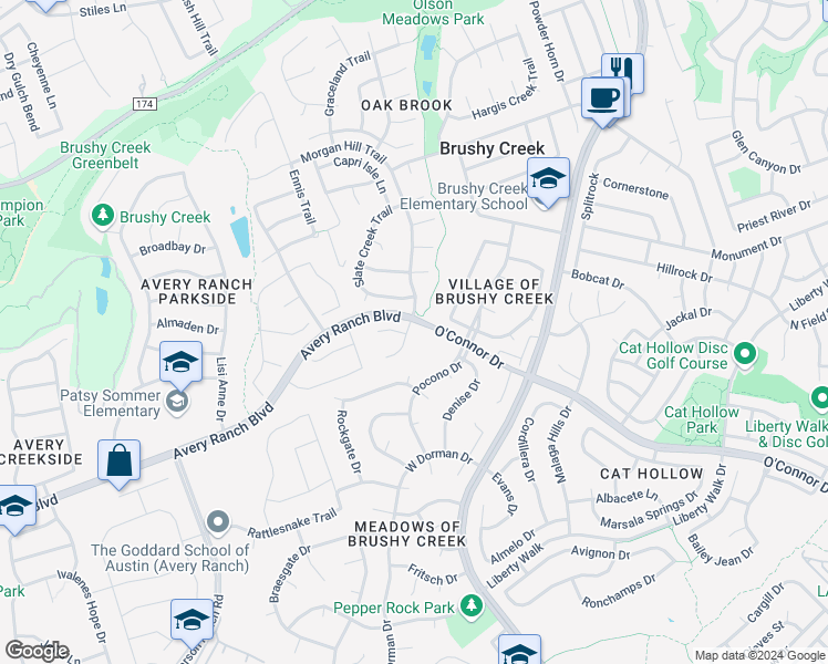 map of restaurants, bars, coffee shops, grocery stores, and more near 16631 Morgan Hill Trail in Austin