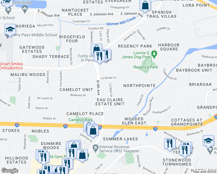 map of restaurants, bars, coffee shops, grocery stores, and more near 7915 La Nain Drive in Pensacola