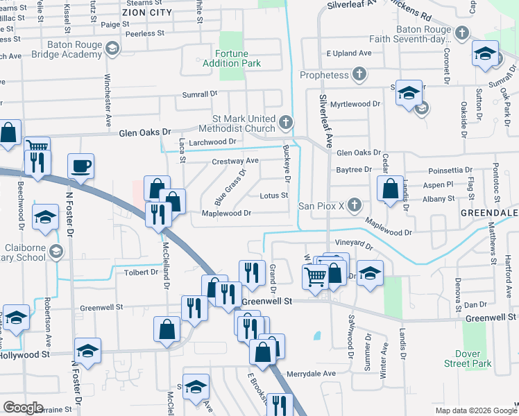 map of restaurants, bars, coffee shops, grocery stores, and more near 6110 Maplewood Drive in Baton Rouge