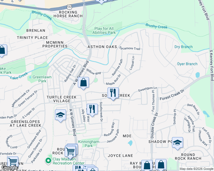 map of restaurants, bars, coffee shops, grocery stores, and more near 2114 Mimosa Trail in Round Rock