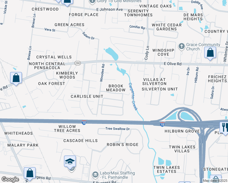map of restaurants, bars, coffee shops, grocery stores, and more near 7701 Brook Meadow Place in Pensacola