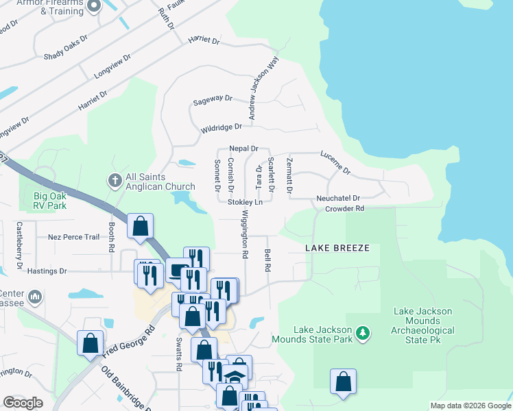map of restaurants, bars, coffee shops, grocery stores, and more near 2821 Stokley Lane in Tallahassee