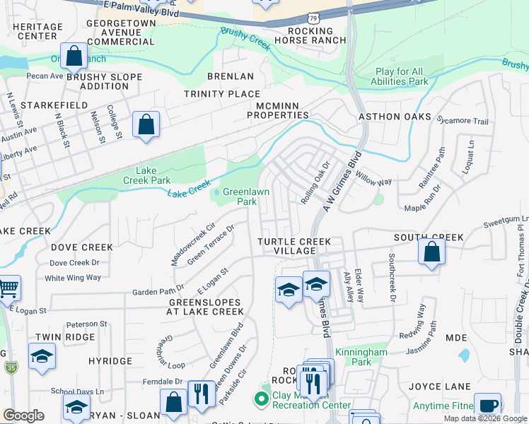 map of restaurants, bars, coffee shops, grocery stores, and more near 1404 Rices Crossing Lane in Round Rock